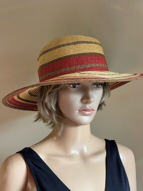 Straw Wide Brim Sun Hat - Natural Tan with Red & Brown Stripe Detail